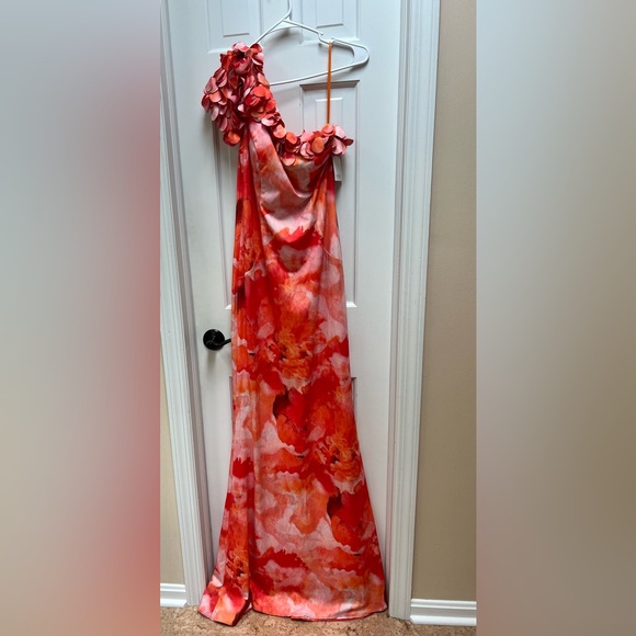 Rene Ruiz Collection One Shoulder Fit and Flare Scuba 3D Appliqué Gown - Picture 2 of 16